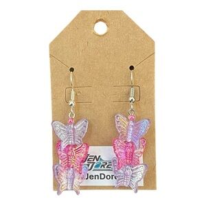 JenDore Handmade Purple Pink 3 Stacked Butterfly Dangle Drop Earrings